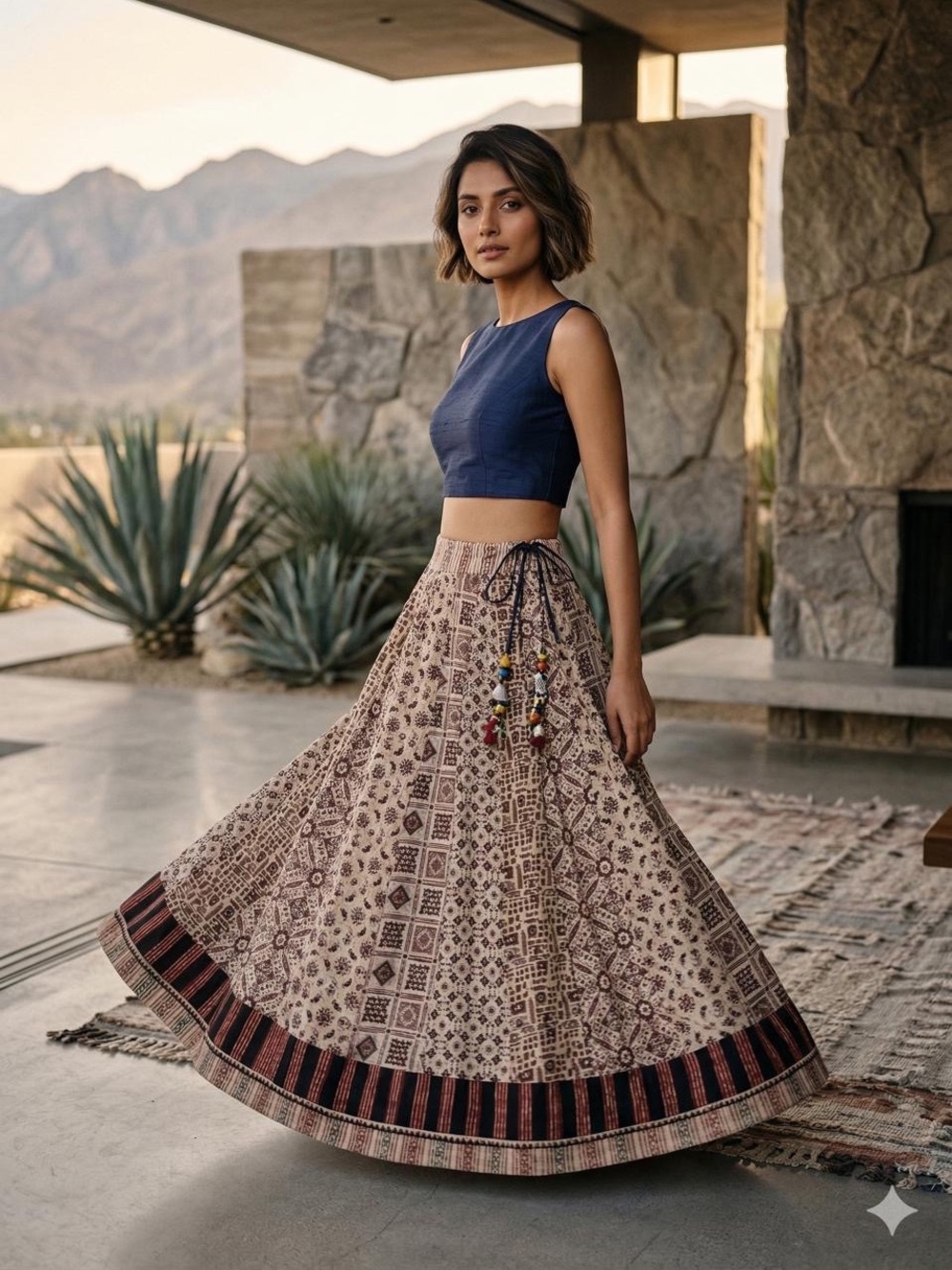 Boho A-Line Printed Maxi Skirt in Beige with Multicolor Tassel Tie